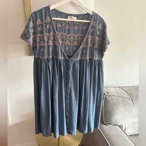 Natural Life Blue Embrodery Oversized Babydoll Boho Mini Dress Size S